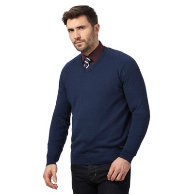 Big and tall blue v neck jumper with wool